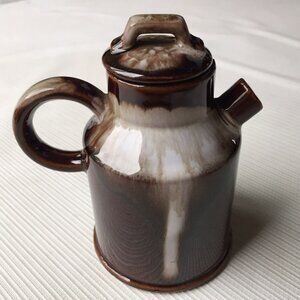 Art Pottery Creamer Pitcher Jug Brown Drip Glaze Ceramic Ring Handle Vintage